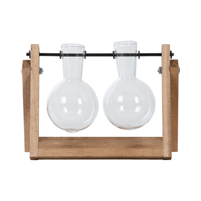 Wooden Cutting Stand with Glass Vases (Set of Two)