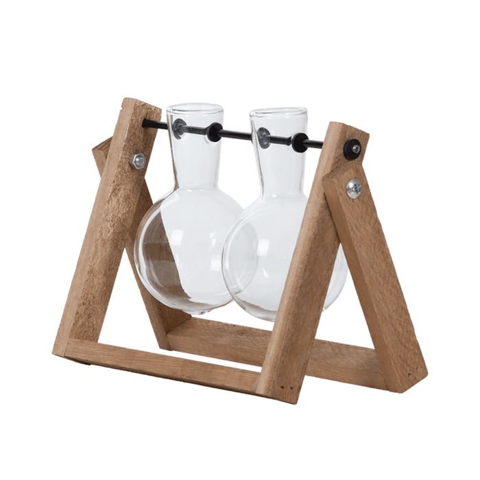Wooden Cutting Stand with Glass Vases (Set of Two)