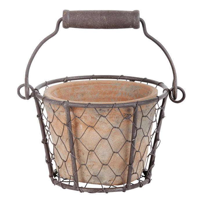 Aged Terracotta Pot in Wire Basket with Handle