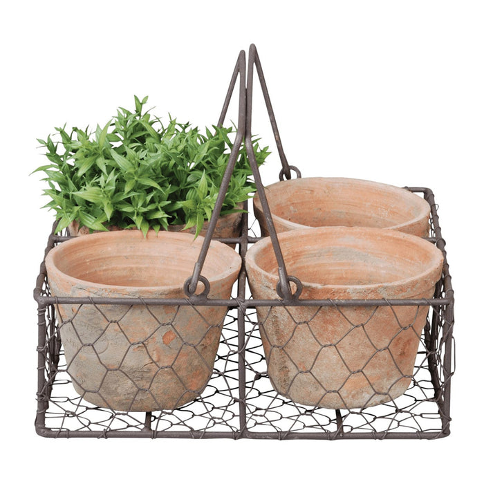 Aged Terracotta Pots in Wire Basket (Four Pots)