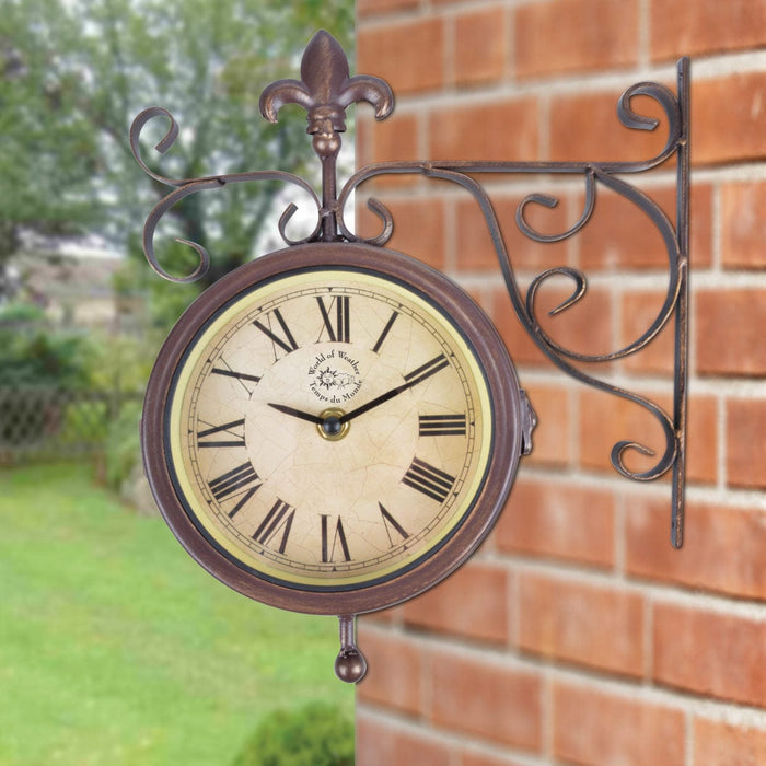 Rustic Station Clock & Thermometer on Hanging Bracket