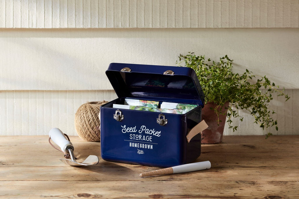 Burgon & Ball Garden Storage & Organisation - Leather Handled Seed Packets Storage Tin - Atlantic Blue