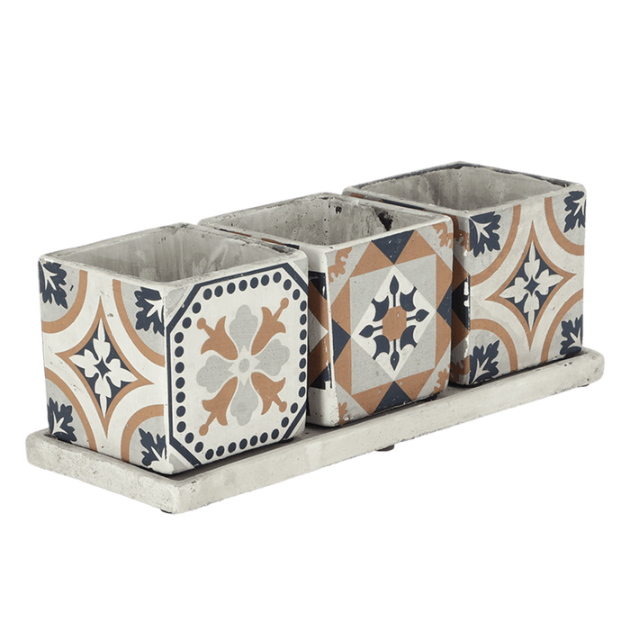 Esschert Design Pots & Planters - Portuguese Tiled Square Flower Pots on Tray