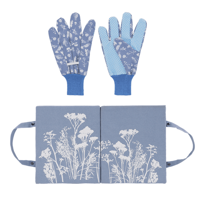 Esschert's Garden Garden Tool Gift Sets - Blue Meadow Herbs Kneeler and Gloves set