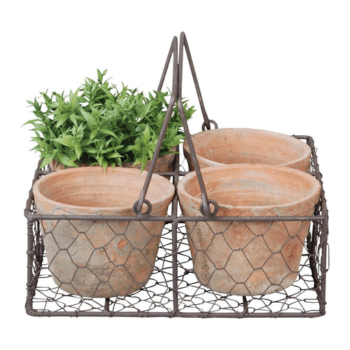 Esschert's Garden Pots & Planters - Aged Terracotta Pots in Wire Basket (Four Pots)