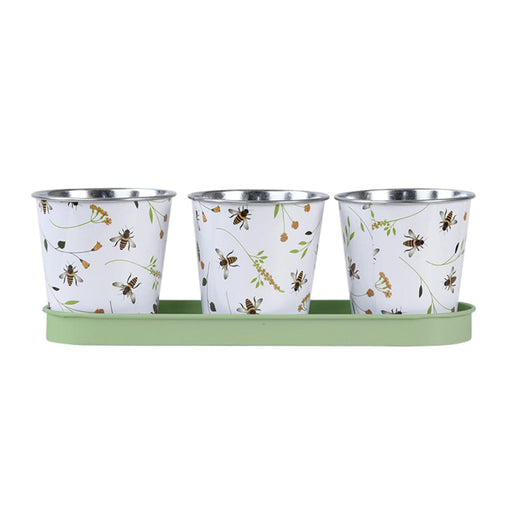 Esschert's Garden Pots & Planters - Bee Print Pots with Tray (Zinc, Set of Three)