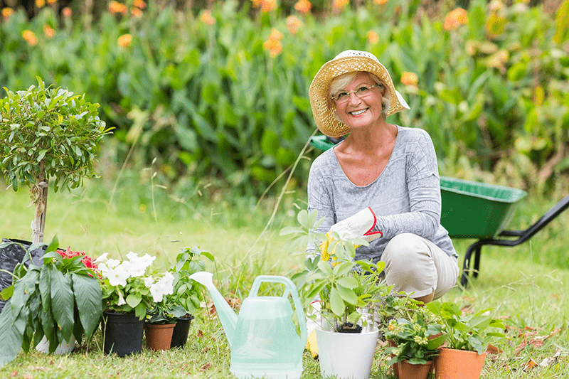 senior female gardener smiling with potted plants