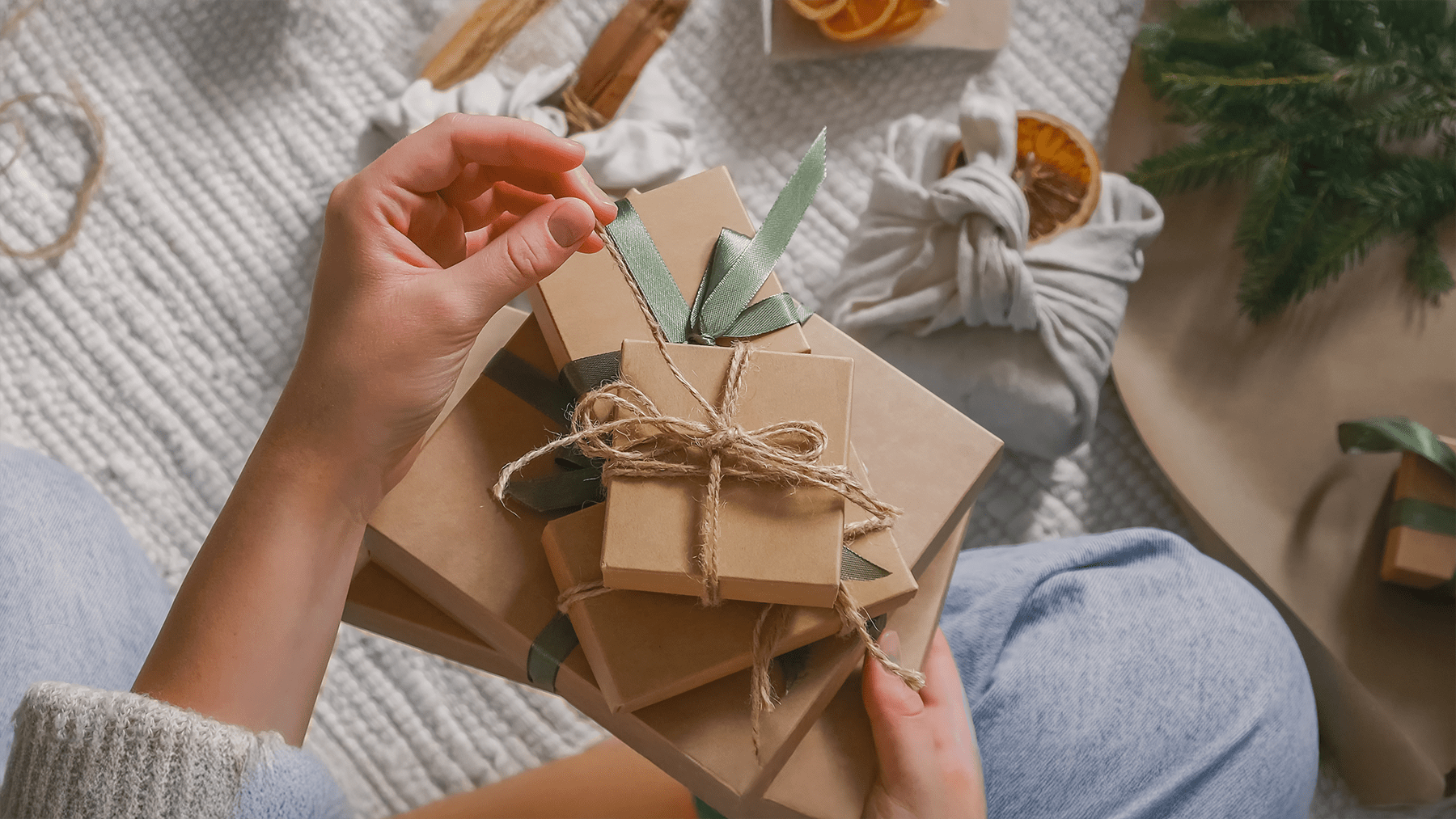 Presents wrapped in eco-friendly gift wrapping