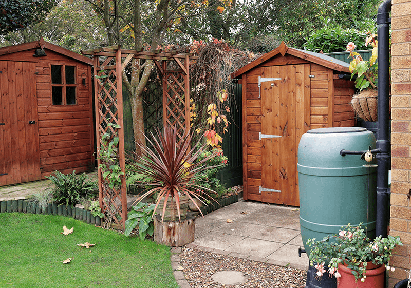 rainwater butt in garden by shed