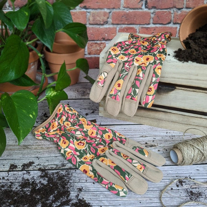 Willow & Belle Gardening Gloves - Mustard & Pink Flowers Gardening Gloves