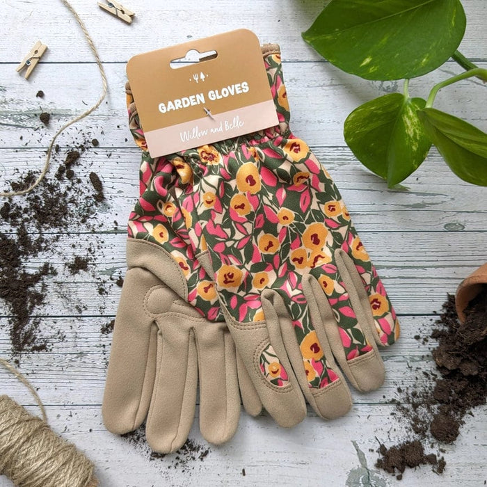 Willow & Belle Gardening Gloves - Mustard & Pink Flowers Gardening Gloves