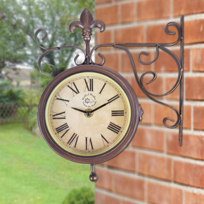 World of Weather Garden Decor - Rustic Station Clock & Thermometer on Hanging Bracket