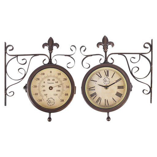 World of Weather Garden Decor - Rustic Station Clock & Thermometer on Hanging Bracket